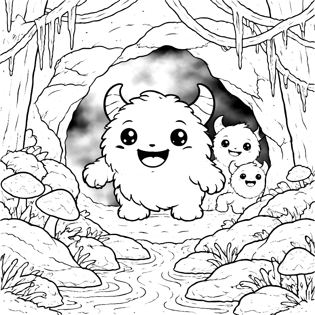 Monsters Emerging from a Misty Cave - Coloring Page