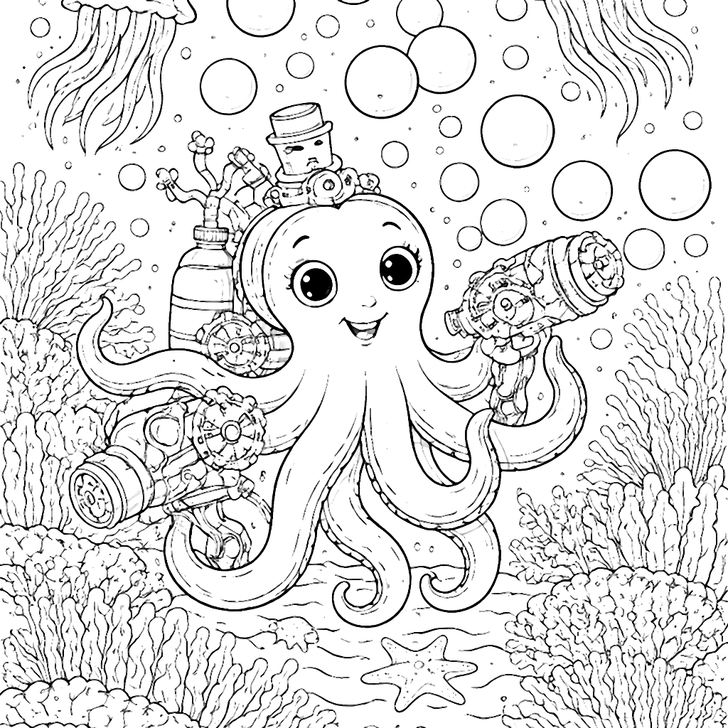 Whimsical Octopus with Bubble Machines Coloring Page