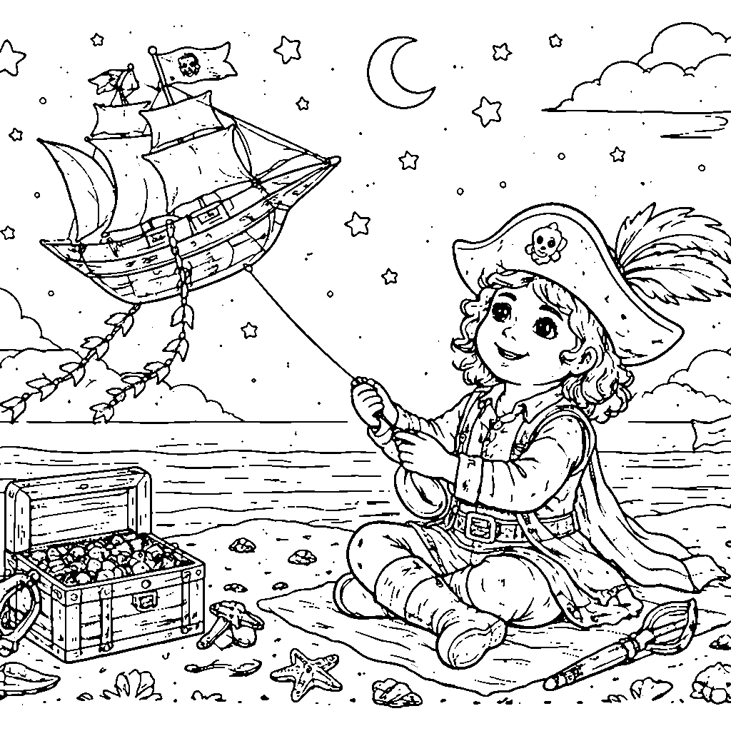 Adventurous Pirate Flying a Kite Coloring Page