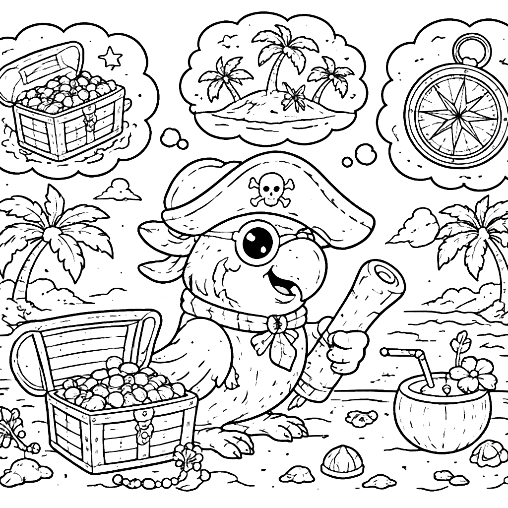 Coloring Page of a Whimsical Pirate Parrot
