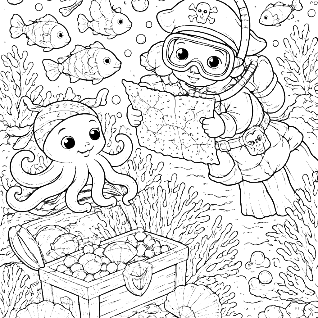 Pirate Treasure Diver Coloring Page for Kids