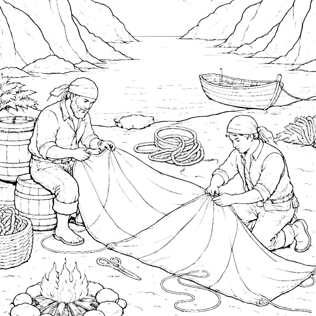 Coloring Page: Pirates Repairing a Sail in a Cove