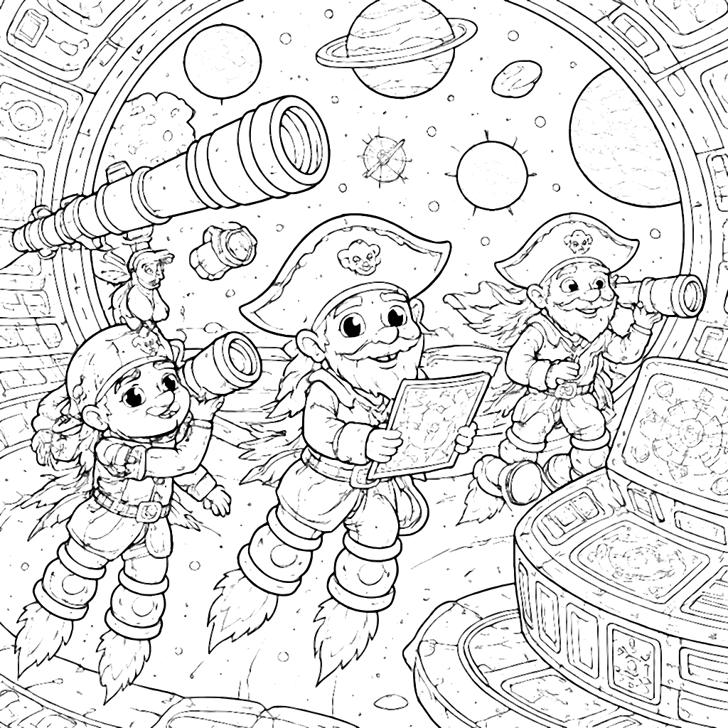 Pirate Crew Adventures in a Colorful Space Station