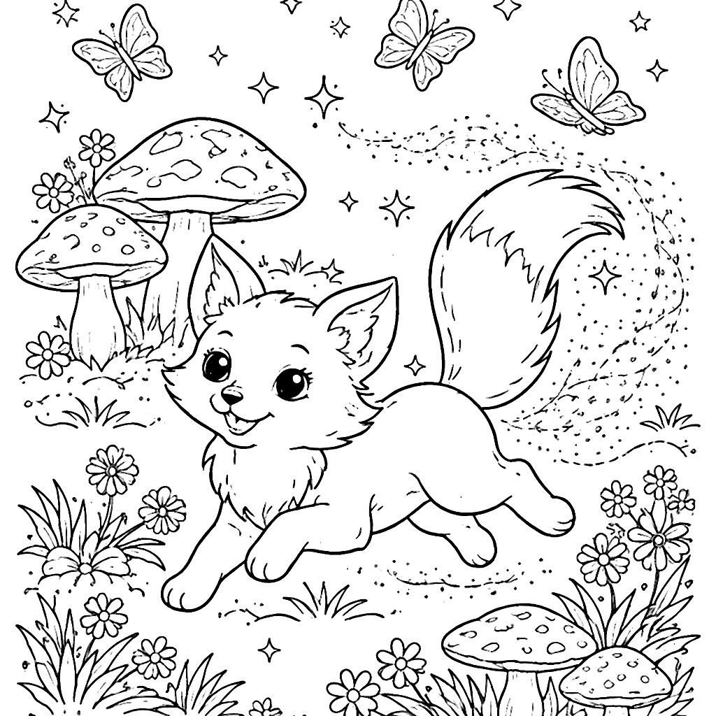 Playful Fox Coloring Page in an Enchanted Meadow