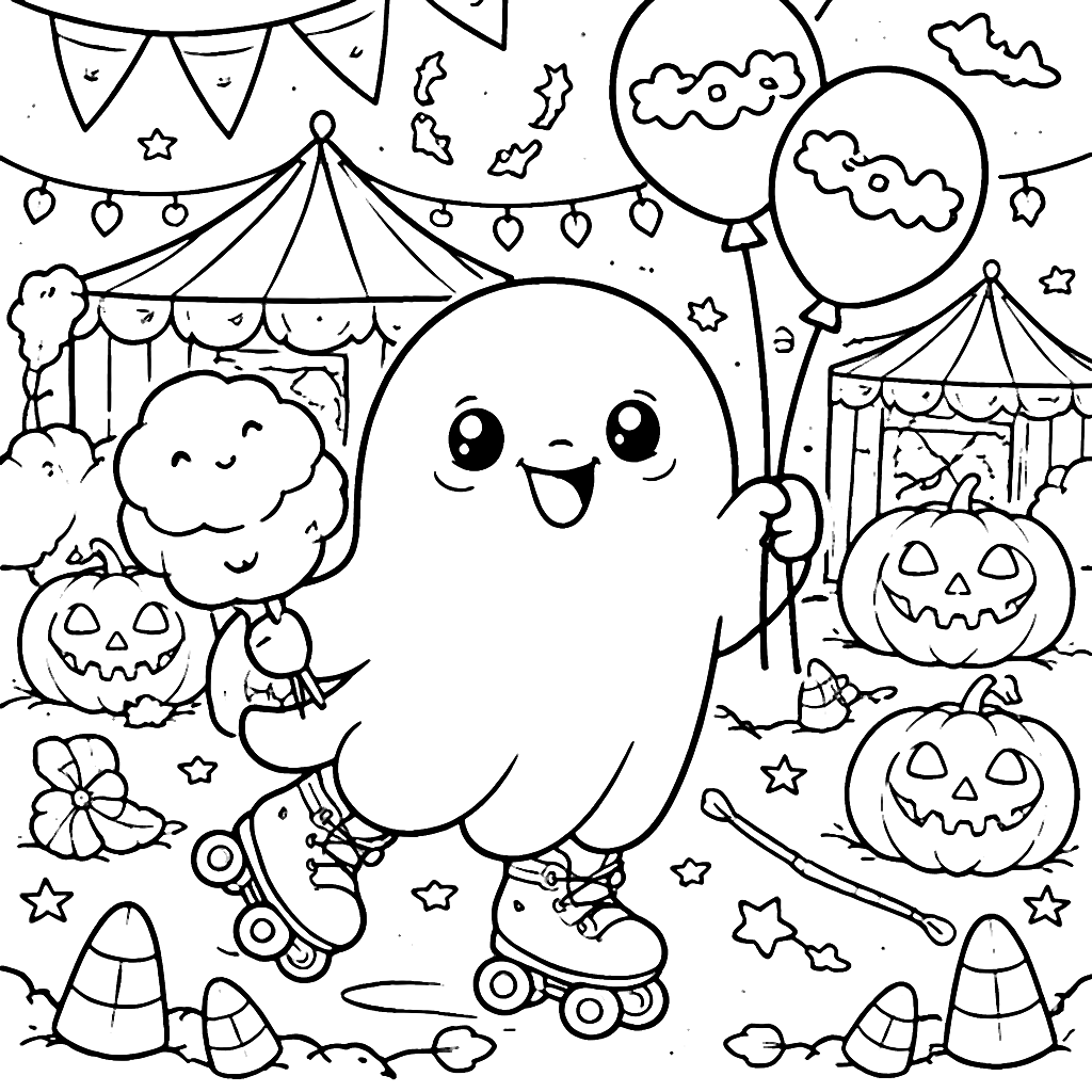 Playful Ghost Roller Skating at Halloween Carnival