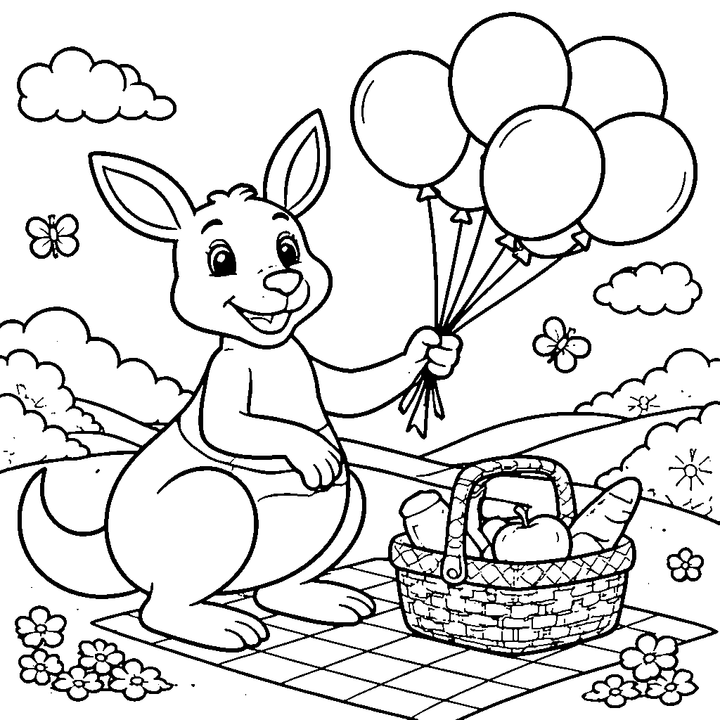Playful Kangaroo with Balloons - Coloring Page