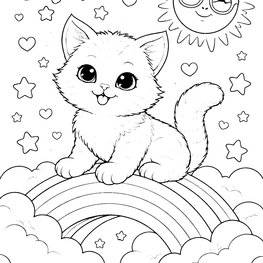 Playful Kitten Coloring Page: Fun with Rainbows and Hearts