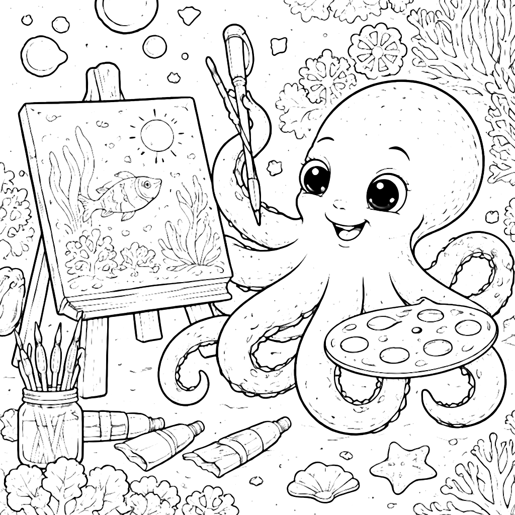 Color the Playful Octopus in an Underwater Art Studio