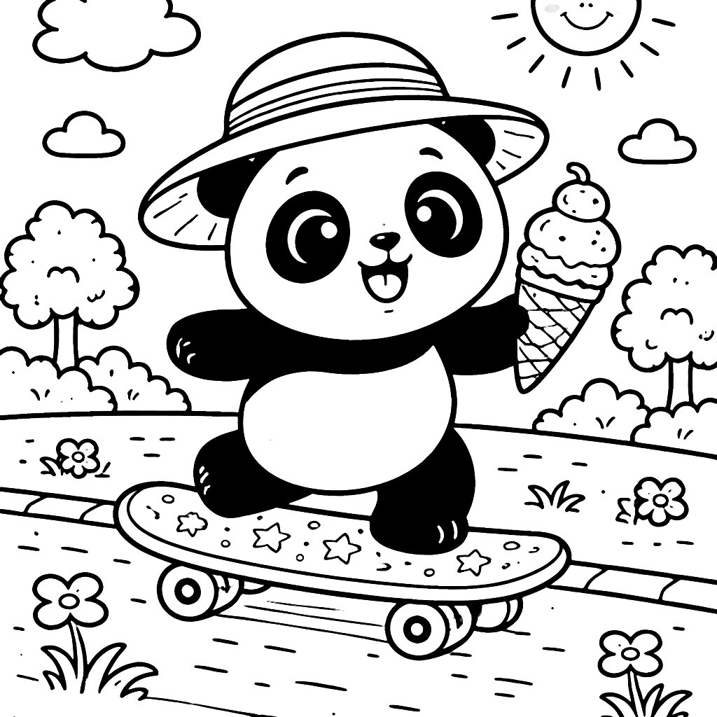Playful Panda Coloring Page: Skateboarding Fun