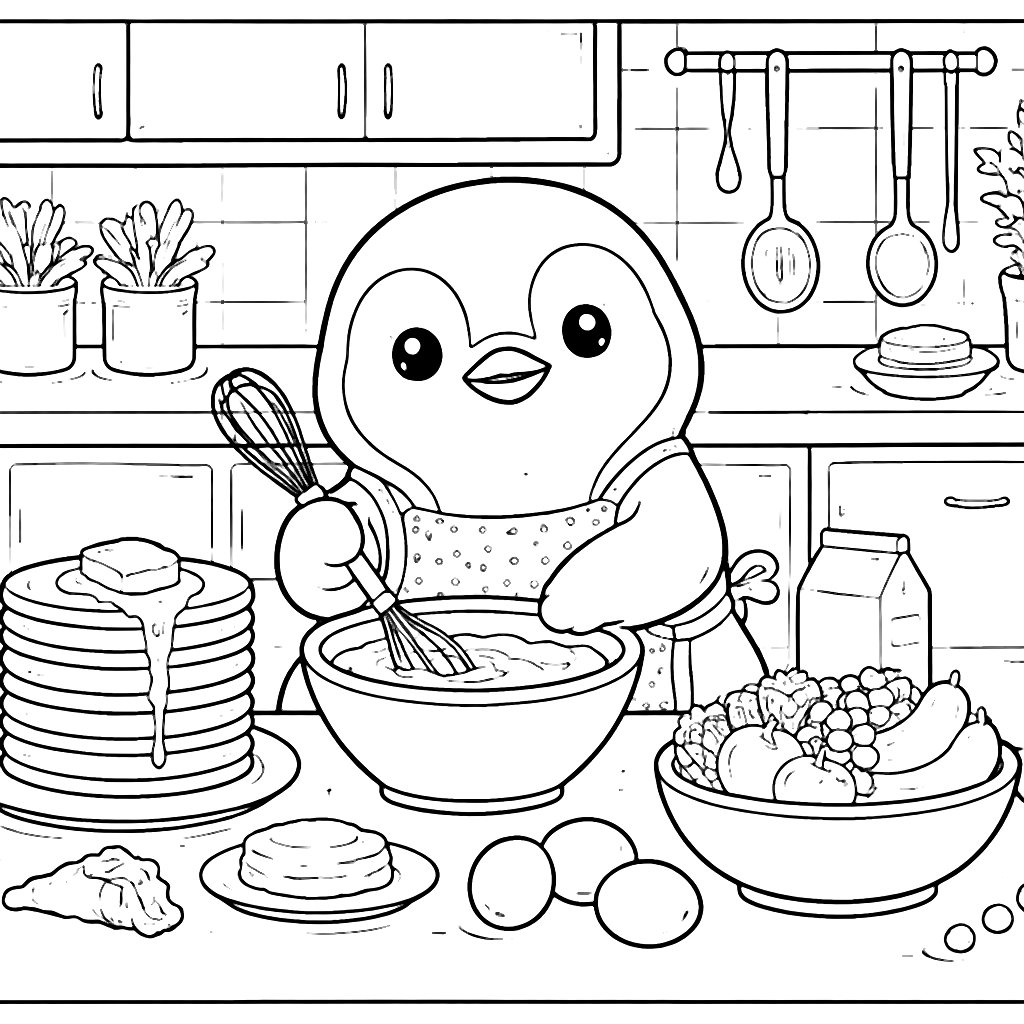 Playful Penguin Cooking Pancakes in a Cozy Kitchen