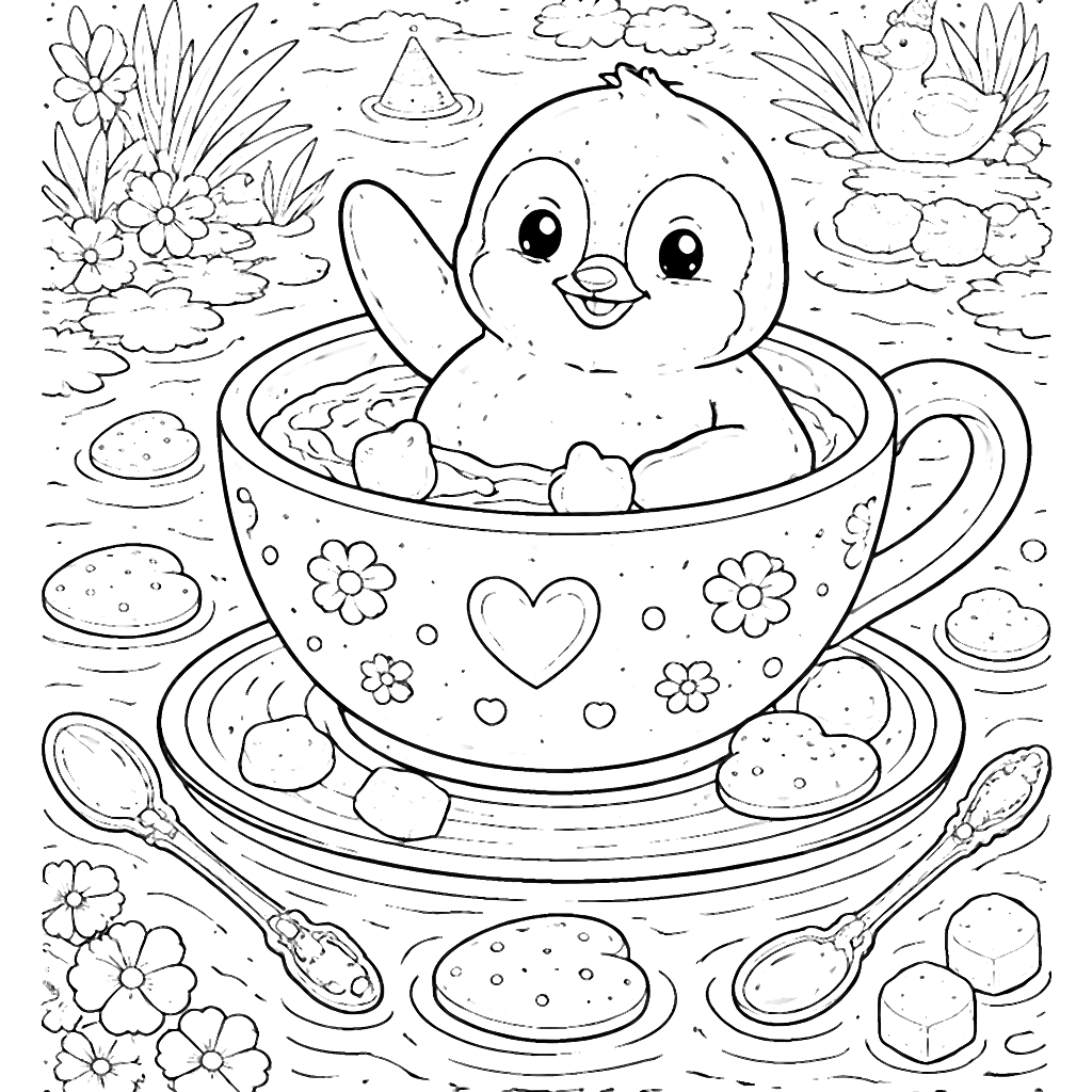 Playful Penguin Coloring Page in a Giant Teacup