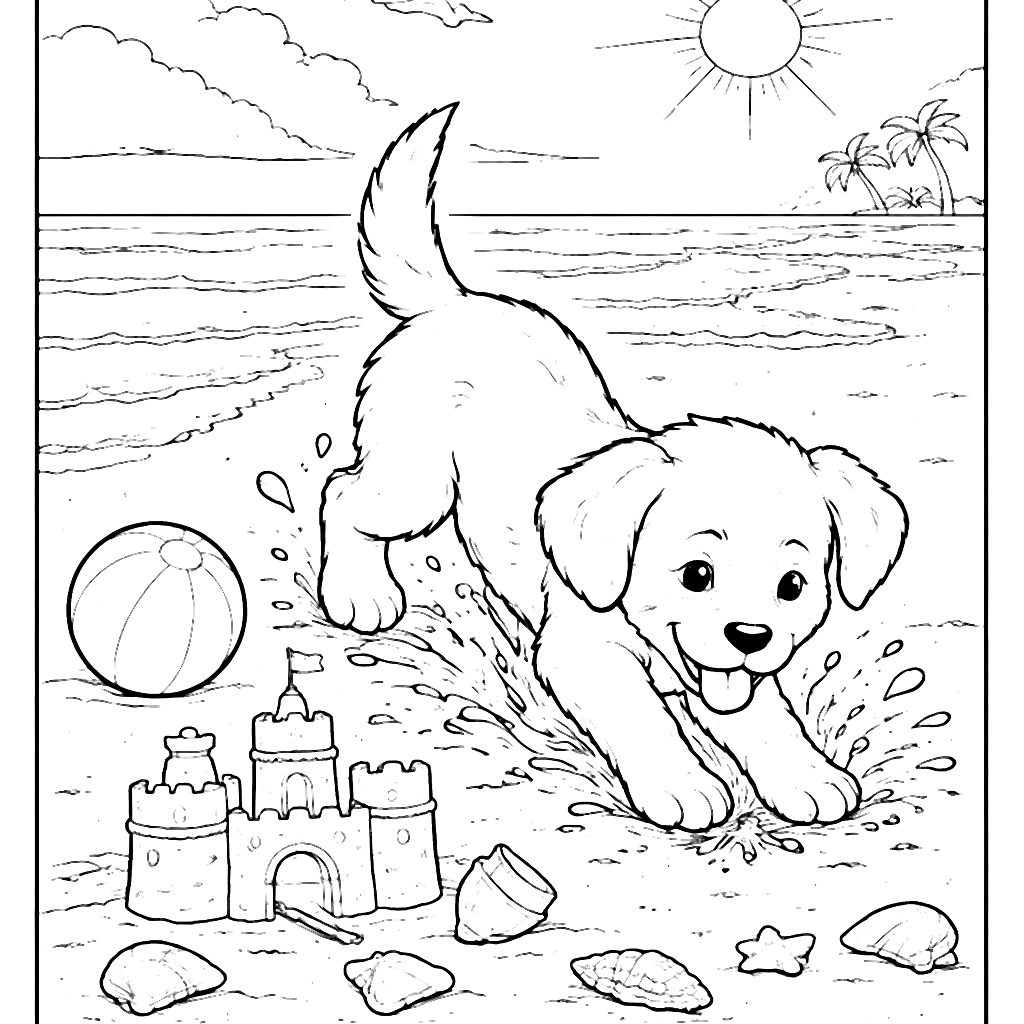 Playful Puppy Digging in Sand - Cute Coloring Page