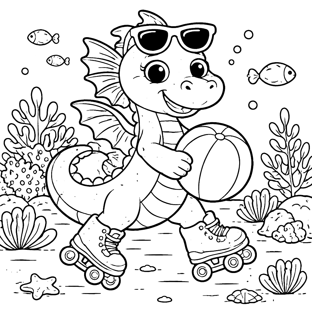 Colorful Playful Sea Dragon Roller Skating Coloring Page