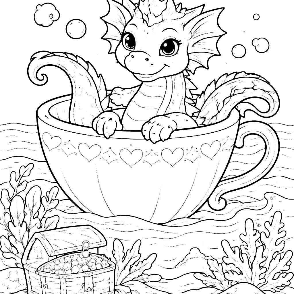 Colorful Playful Sea Dragon in a Giant Teacup Coloring Page