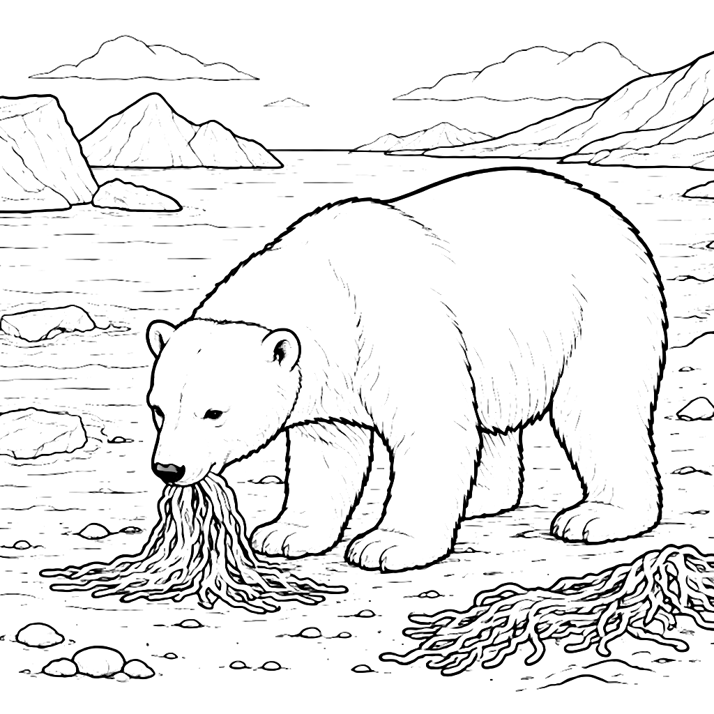 Polar Bear Foraging for Seaweed Coloring Page