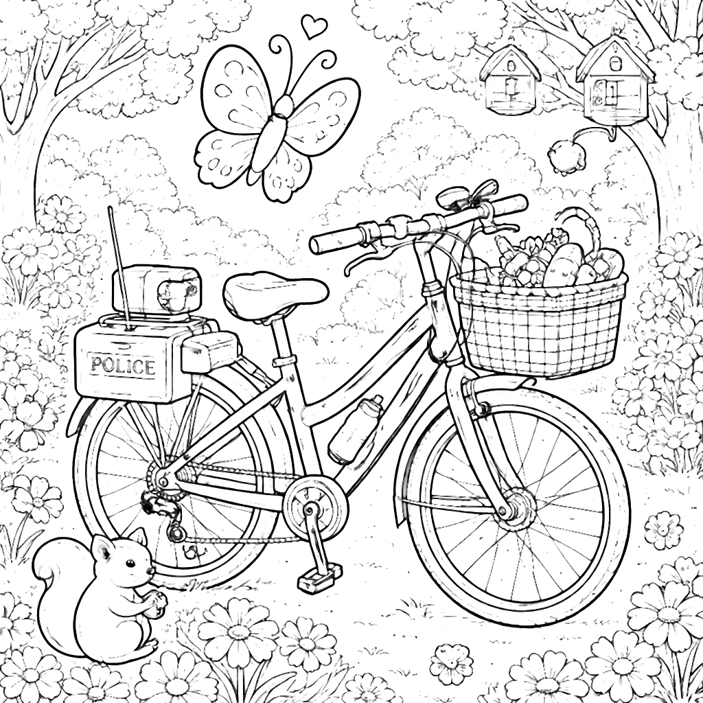 Police Bicycle in a Vibrant Park with Butterfly Companion