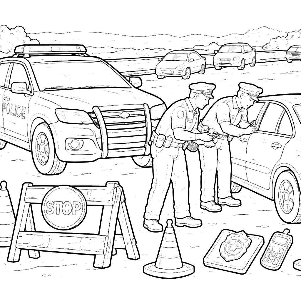 Police Vehicles Coloring Page - Roadside Checkpoint Fun