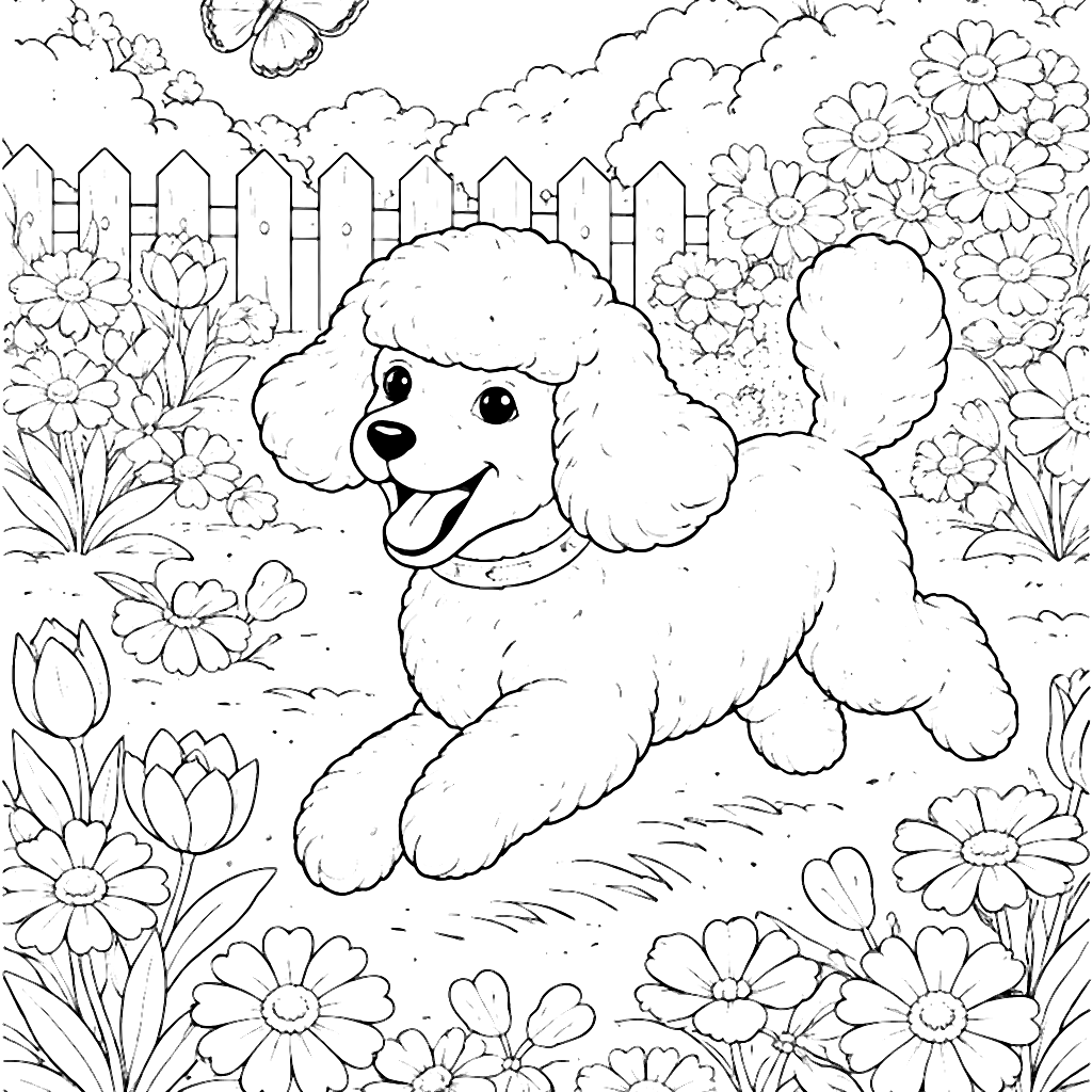 Playful Poodle Chasing Butterflies Coloring Page