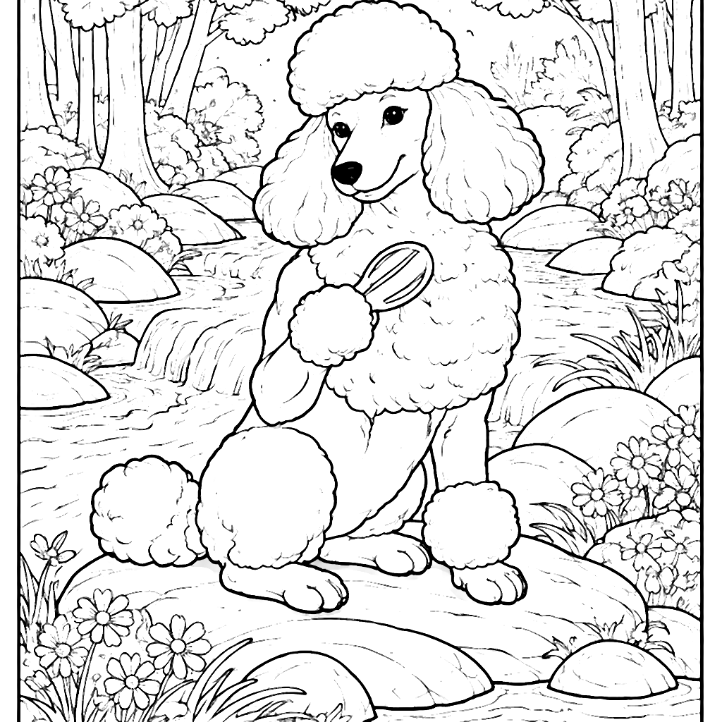 Poodle by a Gentle Stream - Relaxing Coloring Page