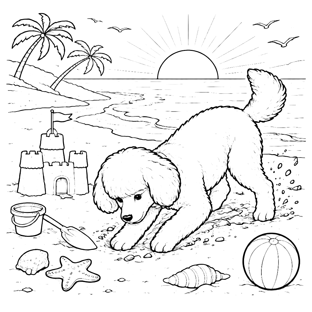 Poodle Digging in the Sand - Coloring Page