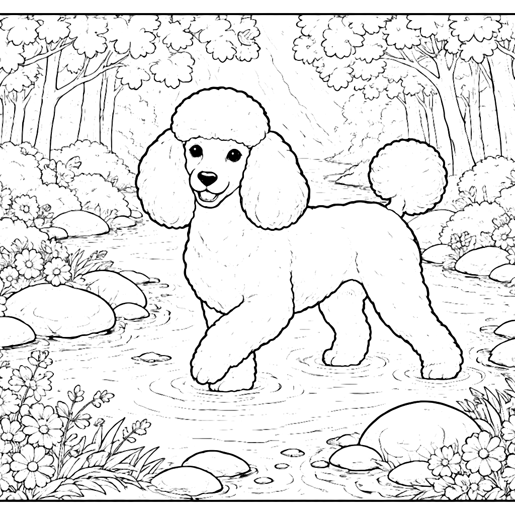 Poodle Grooming by a Gentle Stream Coloring Page