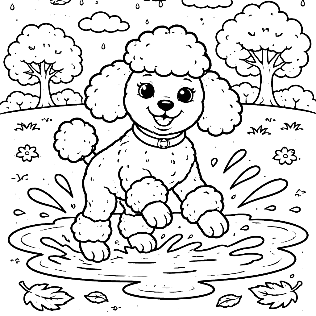 Poodle Splashing in a Puddle Coloring Page