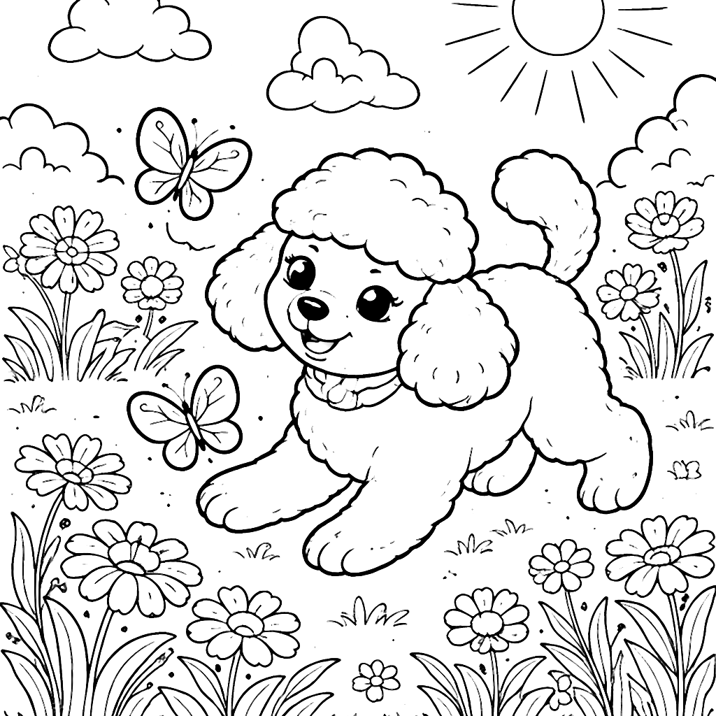 Playful Poodle in a Sunny Garden Coloring Page