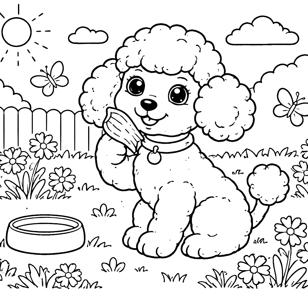 Playful Poodle in a Sunlit Backyard Coloring Page