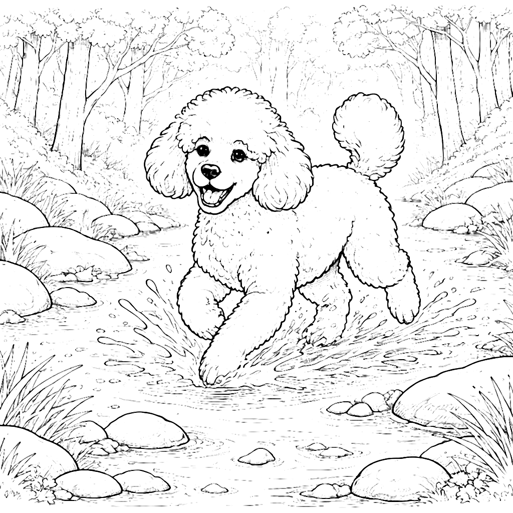 Playful Poodle Splashing in a Woodland Stream Coloring Page