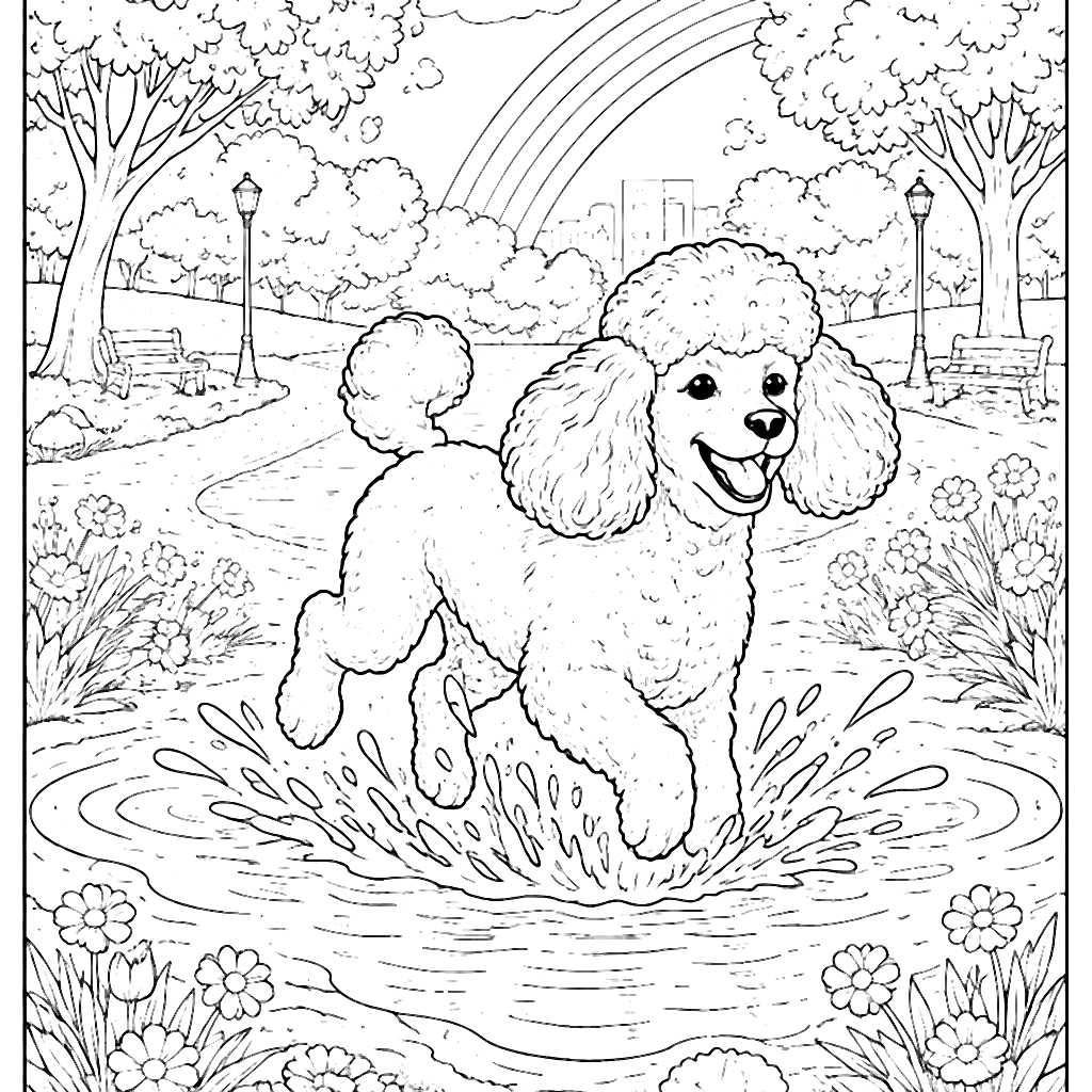 Poodle Splashing Through a Puddle Coloring Page