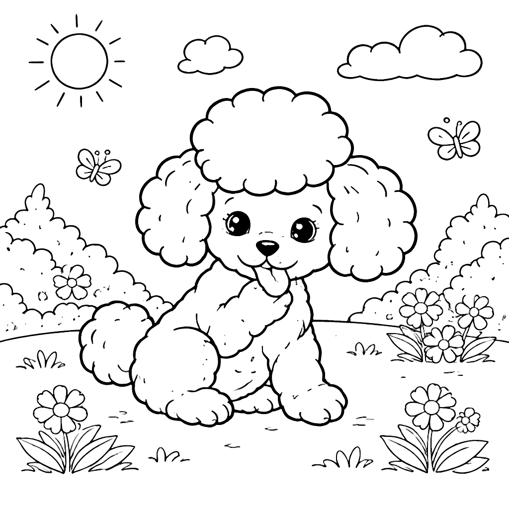 Poodle Grooming Itself in a Sunlit Garden Coloring Page