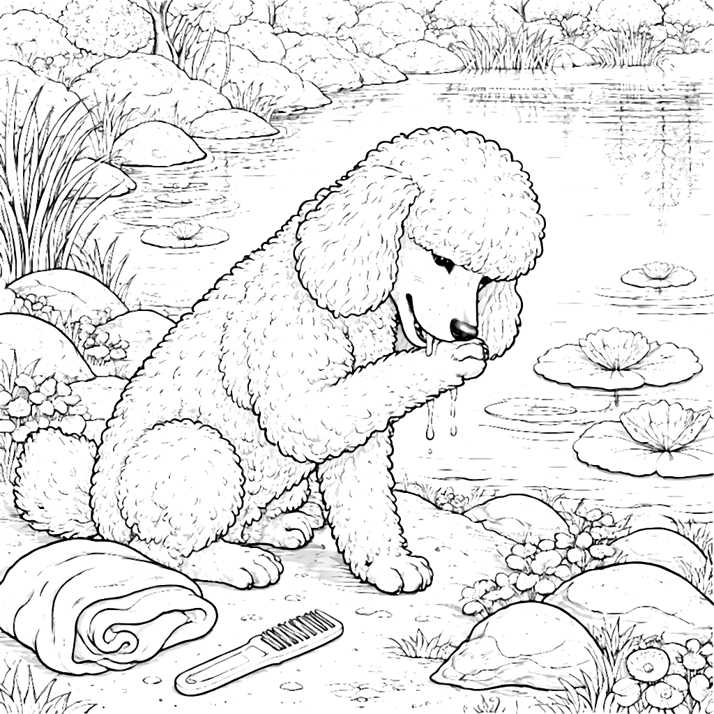 Poodle Grooming by a Serene Pond - Coloring Page