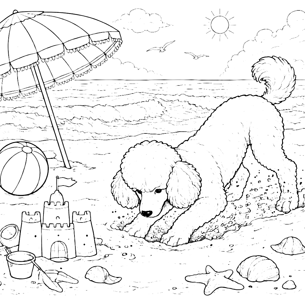 Poodle Digging on a Sunny Beach Coloring Page