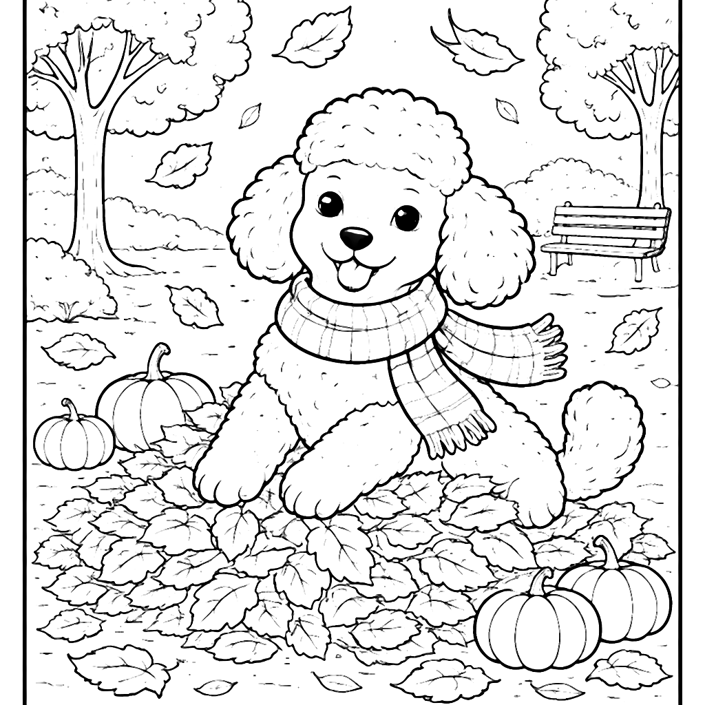 Poodle Playing in Autumn Leaves Coloring Page