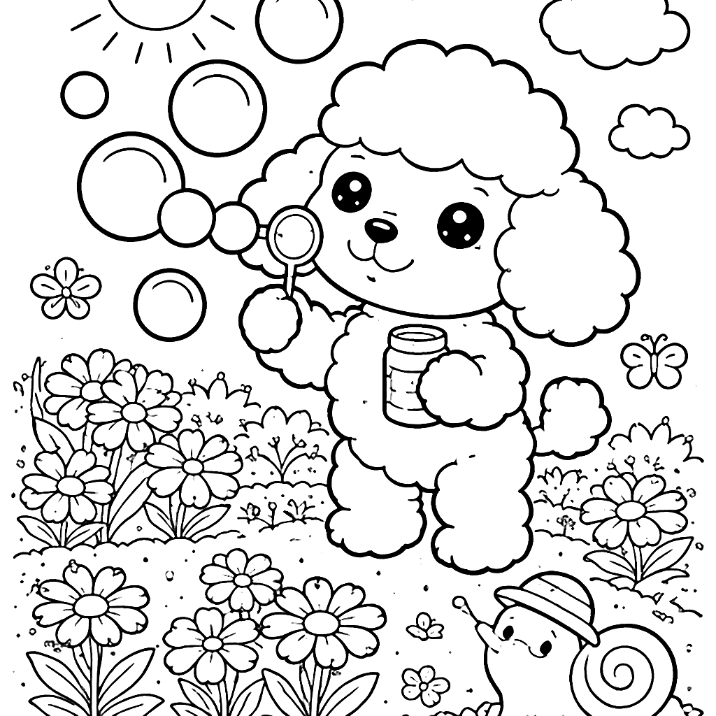Poodle Blowing Bubbles in a Flower Garden Coloring Page
