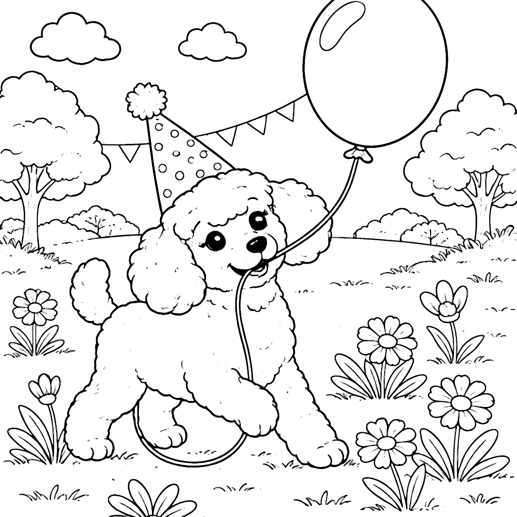 Festive Poodle Coloring Page for Kids