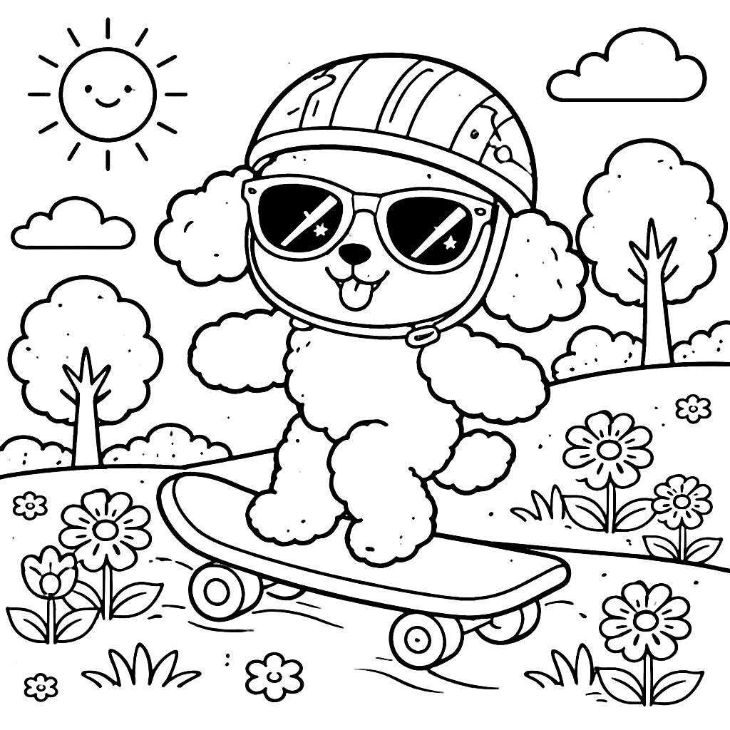 Fun Poodle Skateboarding in a Sunny Park Coloring Page