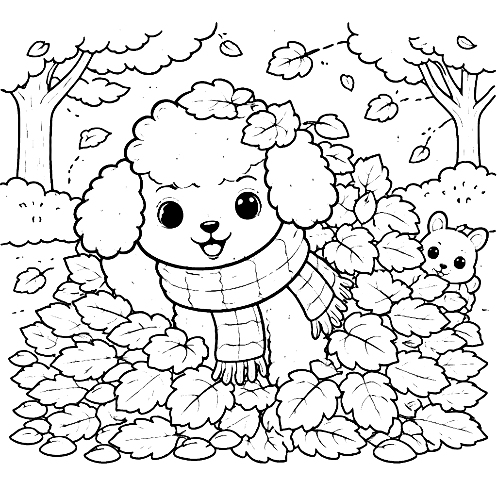 Poodle Playing Hide and Seek in Autumn Leaves Coloring Page