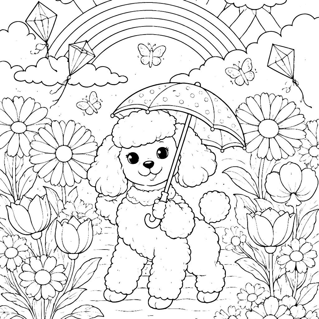Poodle with Tiny Umbrella in a Whimsical Garden