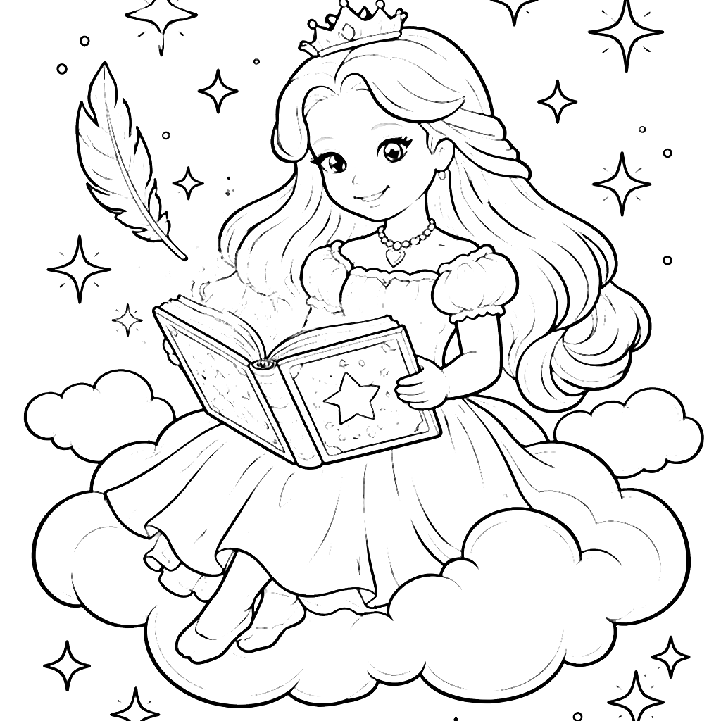 Enchanting Princess Coloring Page in the Sky