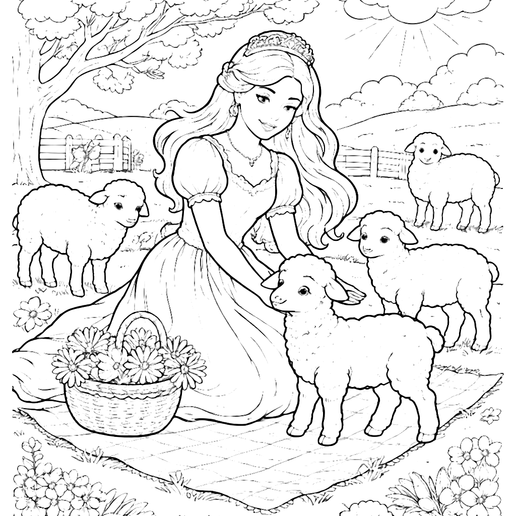 Enchanting Princess Caring for Sheep in a Sunny Meadow