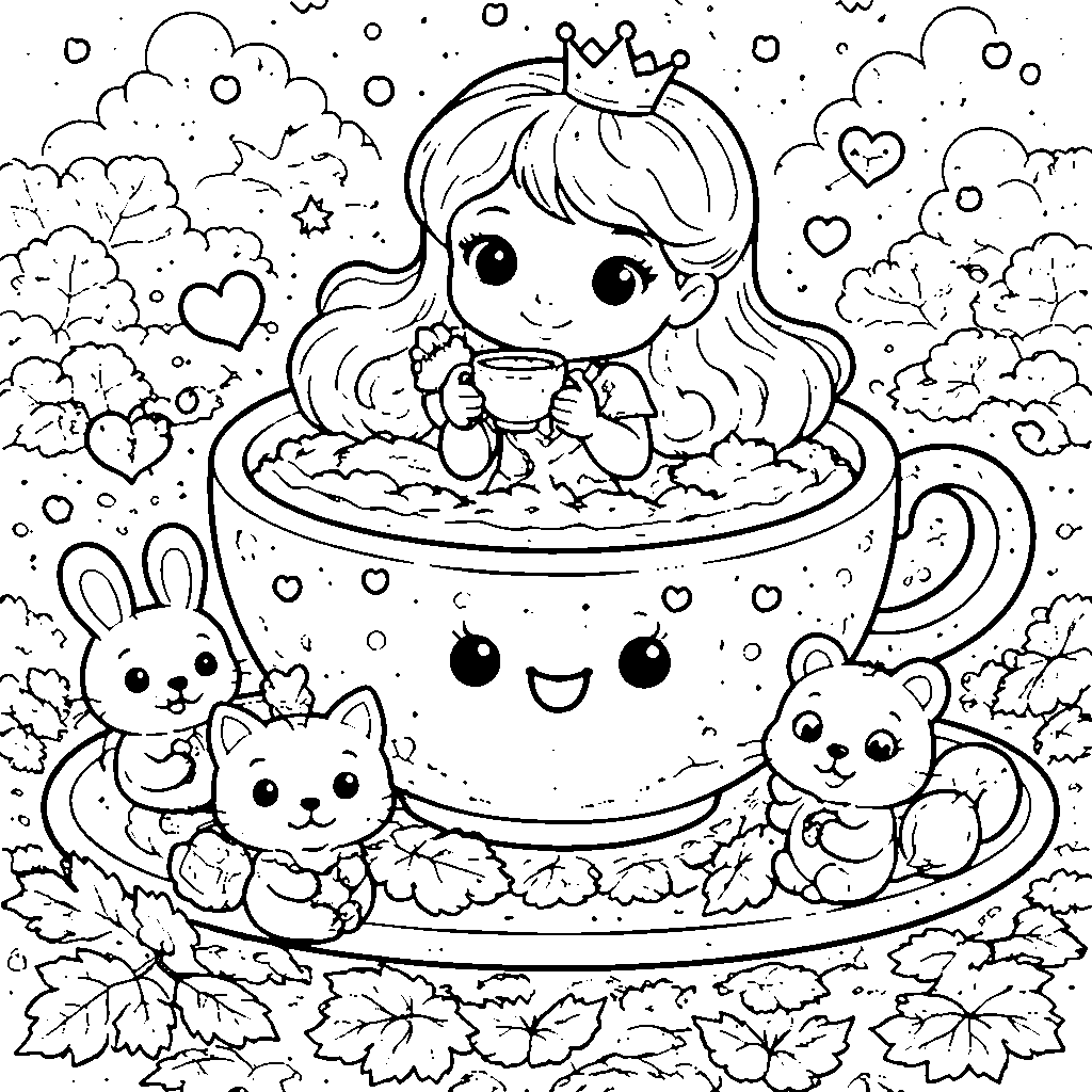 Whimsical Princess in a Giant Teacup Coloring Page