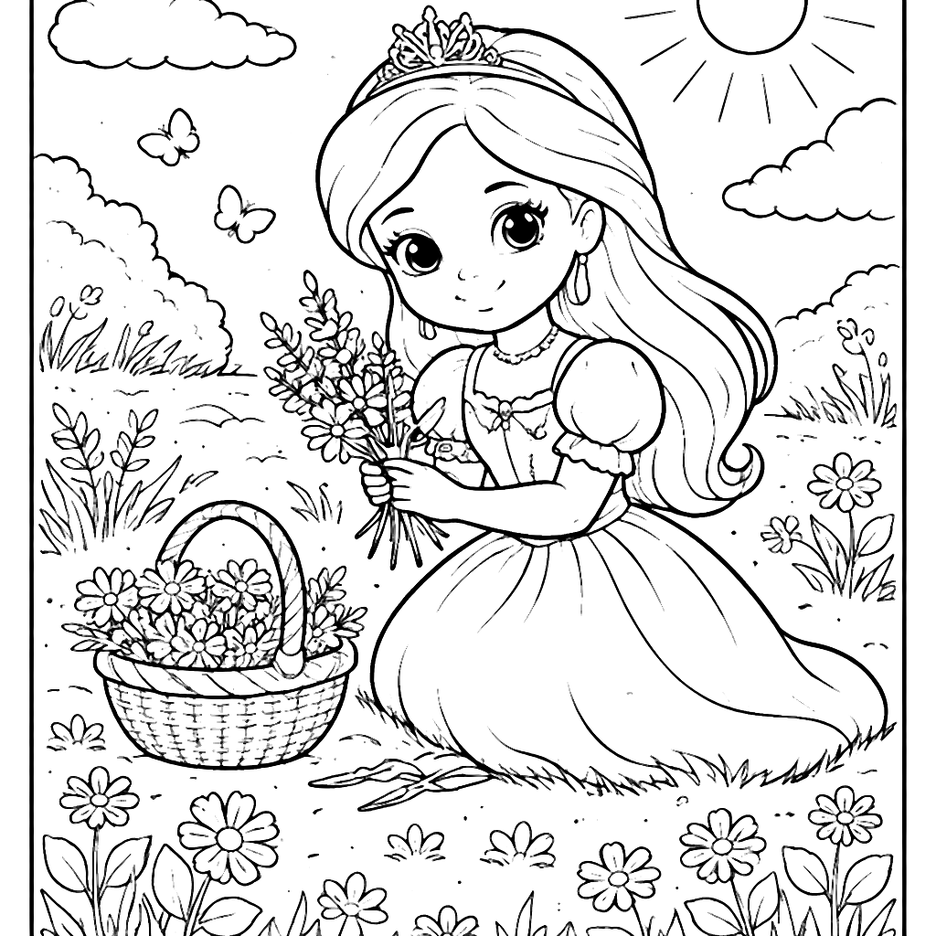 Enchanting Princess Gathering Herbs in a Sunlit Meadow