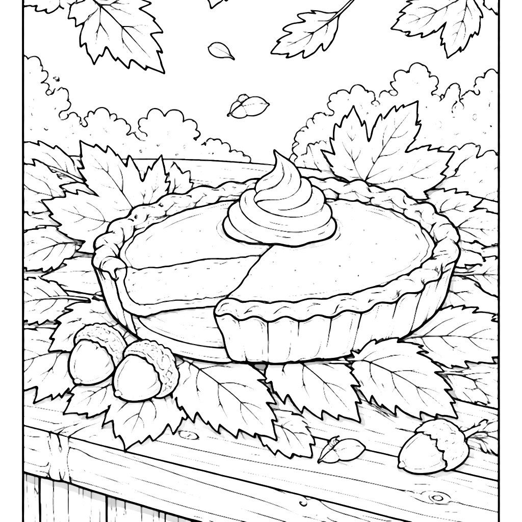 Cozy Pumpkin Pie Coloring Page Among Autumn Leaves