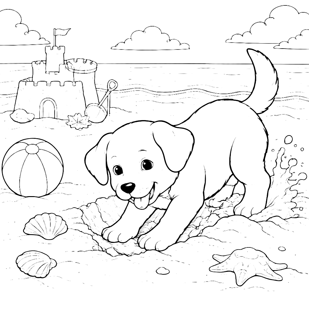 Puppy Digging in the Sand at the Beach Coloring Page