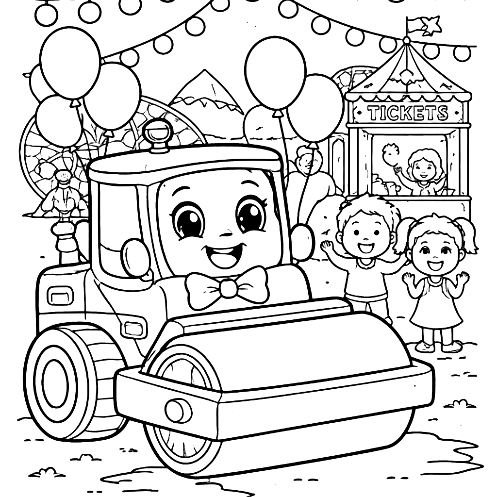 Coloring Page of a Fun Road Roller at the Carnival