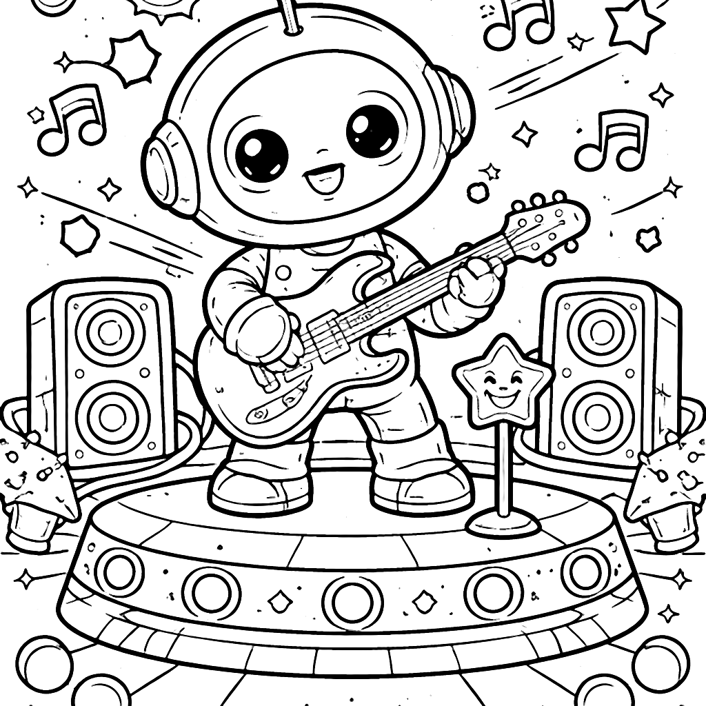 Coloring Page of a Robot Musician at a Cosmic Concert