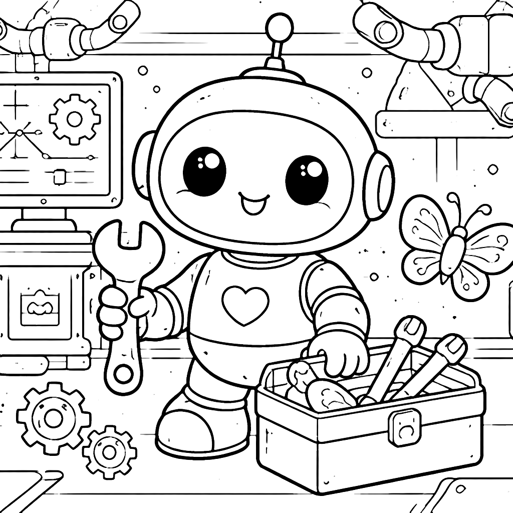 Robot with Butterfly Companion in a Futuristic Factory