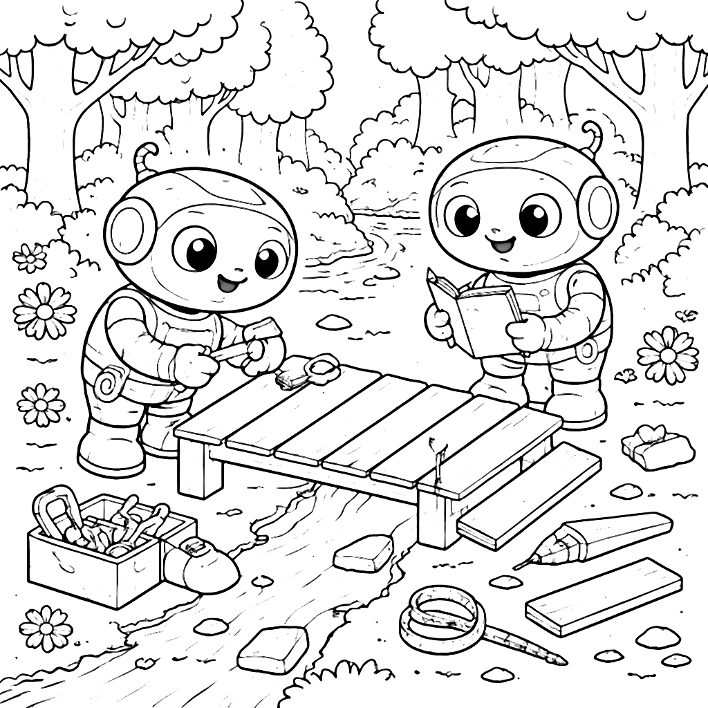 Robots Building a Bridge in a Serene Forest Coloring Page