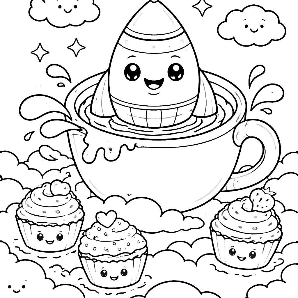 Whimsical Rocket in a Giant Teacup Coloring Page